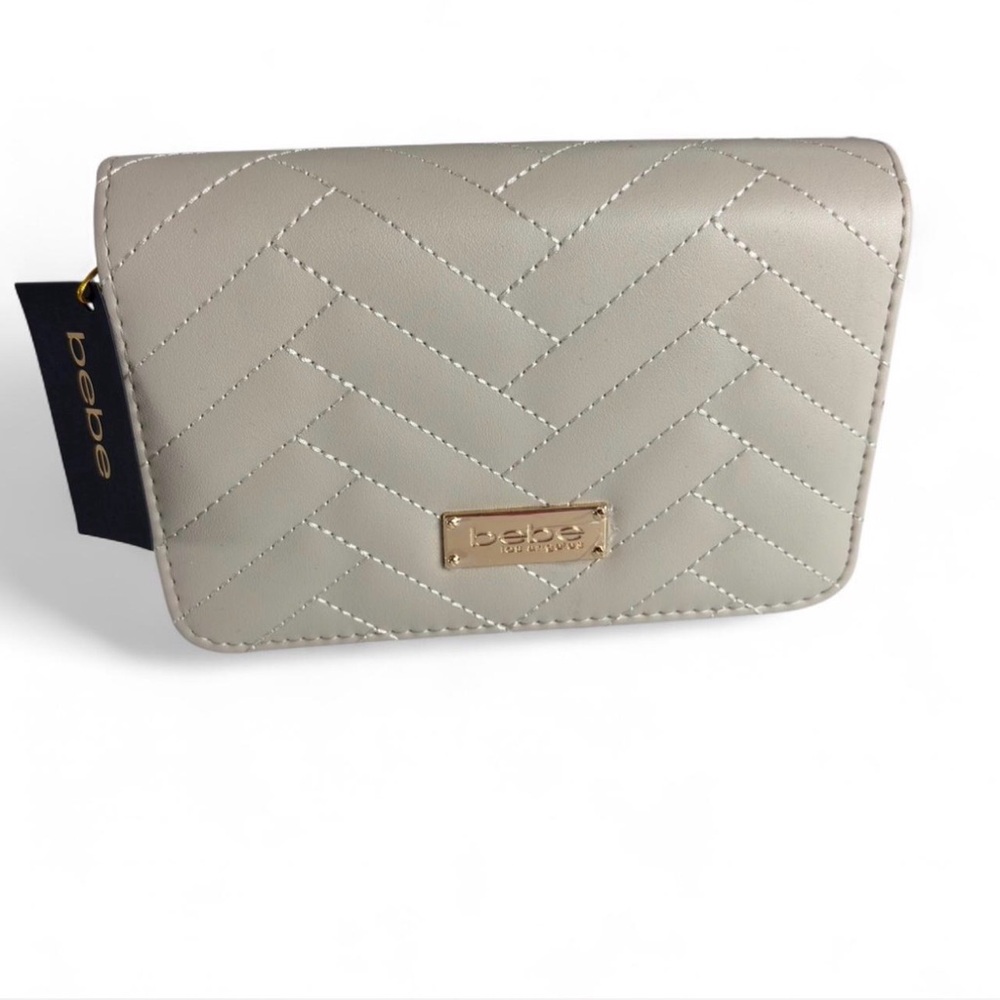 Bebe Sophia Crossbody Bag Small Sand Beige Quilted Faux Leather Gold Chain NWT